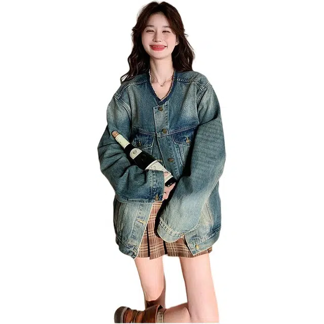 邓大喵 超好看圆领女春秋宽松港风复古做旧休闲百搭上衣牛仔外套 女款