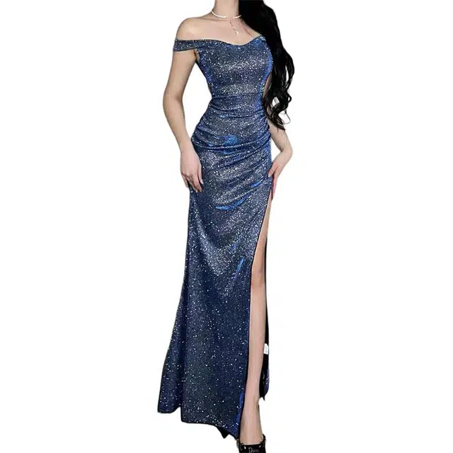 敲模女孩 法式纯欲风高级闪闪一字肩轻奢小众生日宴会礼服性感开叉长裙无袖连衣裙 女款