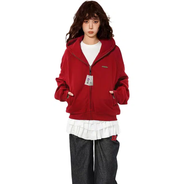 识恩 美式红色连帽外套女秋季设计感宽松拉链开衫短款长袖上衣早秋红色设计感宽松纯色长袖通勤卫衣 女款