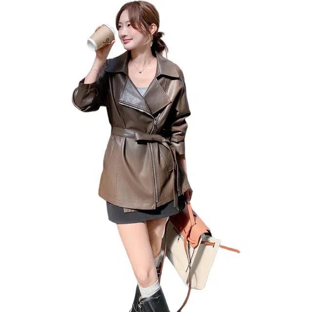 稻草人 美式复古设计感个性时尚休闲皮衣外套 女款