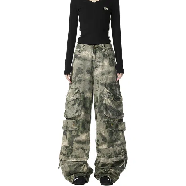 佐菲利 美式复古重工迷彩牛仔裤多口袋宽松直筒阔腿长裤子工装裤 男女同款