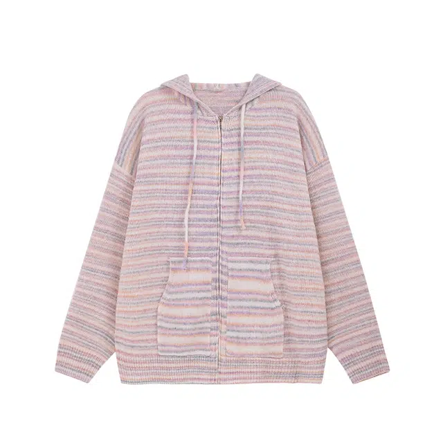 艾梵斯贝 美式复古潮流条纹连帽毛针织衫开衫个性街头撞色小众设计感无性别日常通勤百搭质感休闲时尚宽松卫衣 男女同款