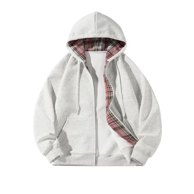 哲源 美式复古重磅开衫连帽男款春秋外套格子拼接设计感上衣潮牌百搭宽松舒适潮流痞帅情侣款休闲卫衣 男女同款