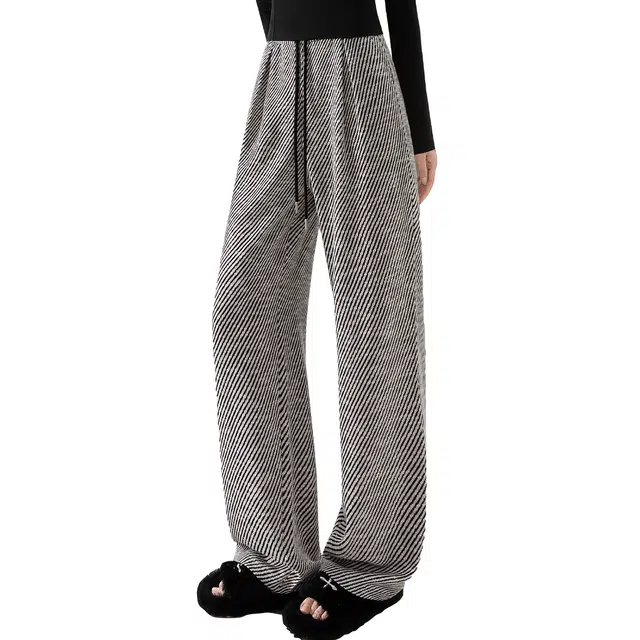 她池 通勤简约撞色条纹抽绳松紧腰长款休闲裤 女款 黑白斜纹