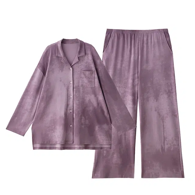 俏薇妮 春秋款纯棉带胸垫一体长袖长裤家居服大码睡衣套装 女款