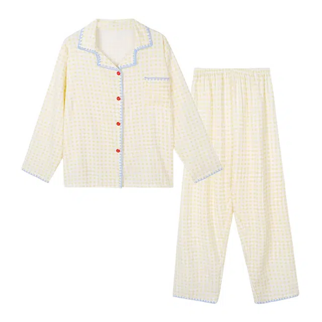 橡柠派 甜美可爱长袖格子高级感大码设计感简约舒适亲肤田园风家居服休闲睡衣套装 女款