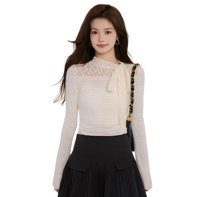 荟萃阁 简约百搭蕾丝打底衫女纯欲印花修身镂空气质上衣针织衫 女款