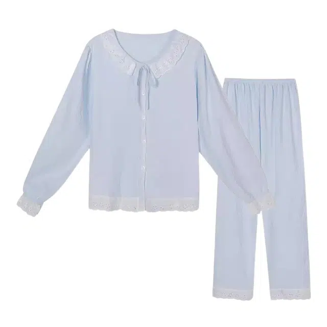 橡柠派 公主风娃娃领休闲舒适宽松长袖长裤甜美可爱宿舍高级感时尚家居服睡衣套装 女款