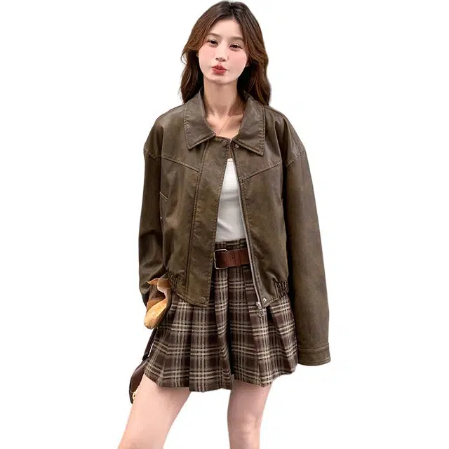 稻草人 美式复古时尚休闲下摆松紧设计夹克皮衣外套 女款