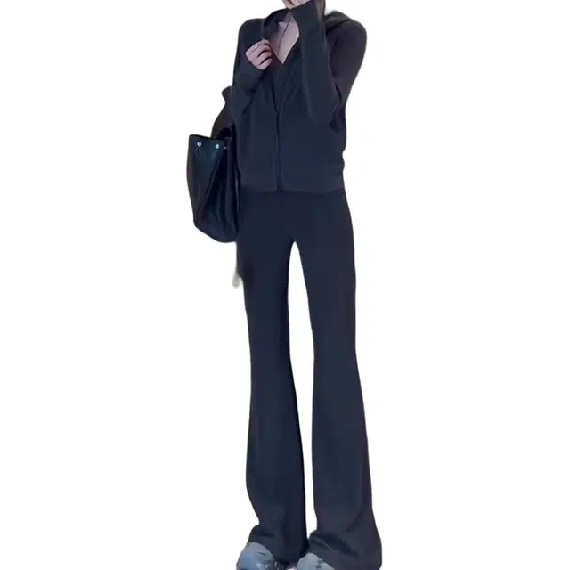 敲模女孩 韩系复古运动风连帽卫衣外套高腰显瘦时尚微喇长裤休闲套装 女款