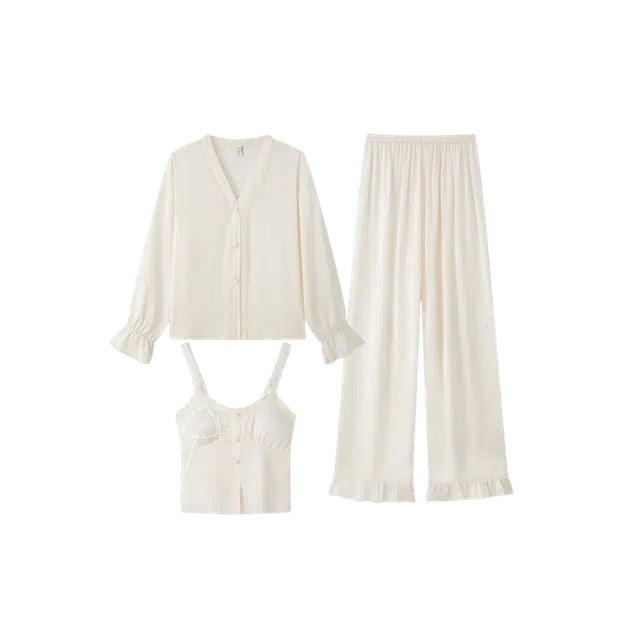 潞优野 高端品质冰丝休闲长袖家居服优雅舒适带胸垫蕾丝吊带春秋季睡衣套装 女款