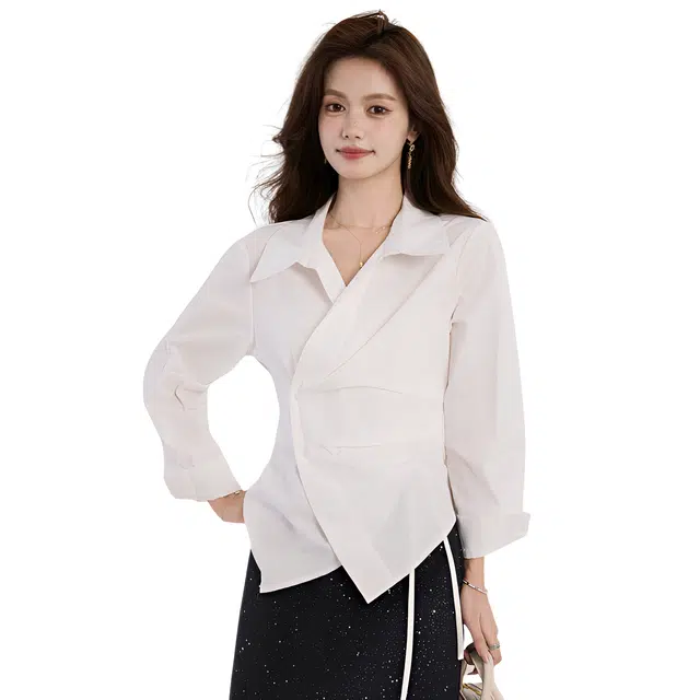 荟萃阁 法式百搭轻熟小众上衣不对称设计感通勤衬衫 女款