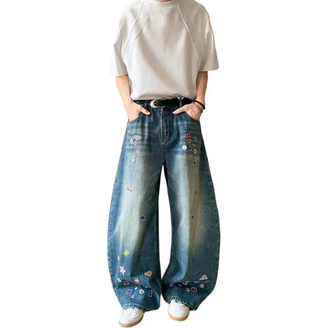 洞洞拐 重工刺绣花时尚百搭弹力直筒拖地阔脚裤牛仔裤 男女同款
