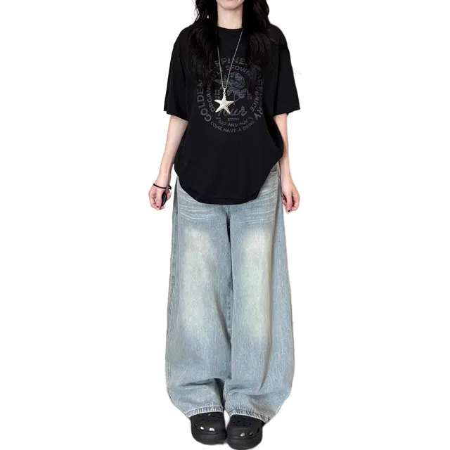 么宁 美式复古口袋刺绣设计感宽松高腰显瘦阔腿拖地裤牛仔裤 女款