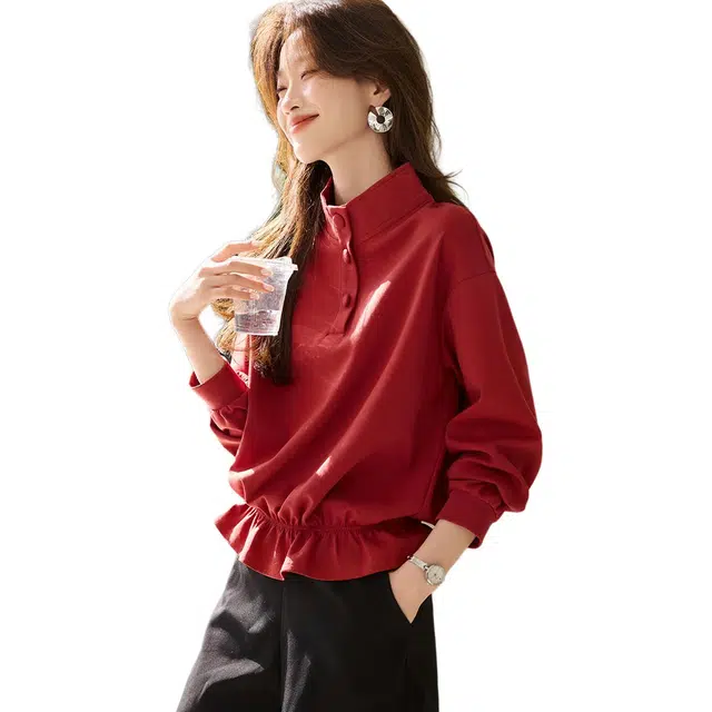 沫晗依美 红色百搭短款纯色常规长袖立领休闲套头卫衣 女款