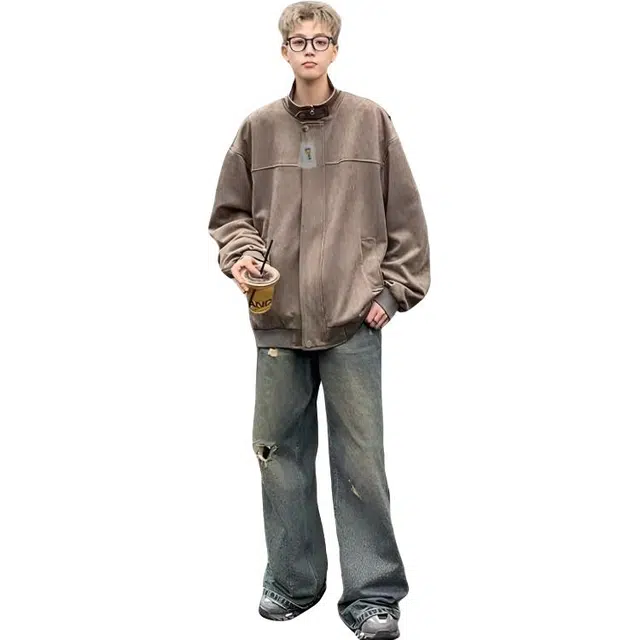 地界二 美式外套春秋季高级感痞帅休闲宽松翻领上衣潮牌夹克 男款