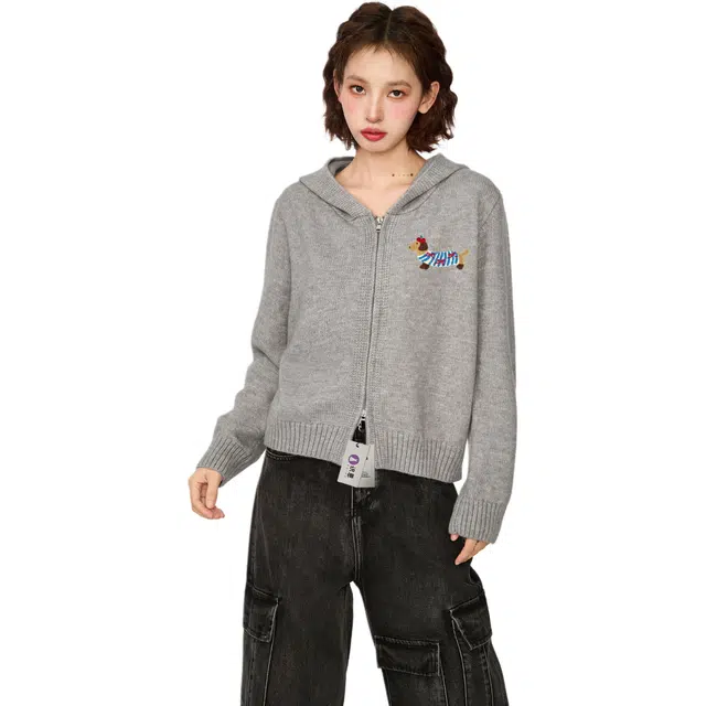 识恩 修身灰色腊肠狗刺绣拉链连帽开衫外套女秋冬高级感慵懒上衣灰色刺绣拉链长袖通勤开衫针织衫 女款