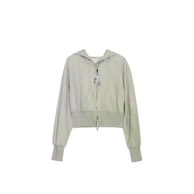 识恩 美式灰色带帽连帽拉链外套女秋冬开衫宽松长袖短款上衣灰色带帽连帽长袖通勤开衫卫衣 女款