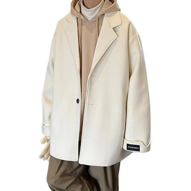 冈哉 韩系氛围感冬季港风中长款毛呢大衣情侣款呢料夹克潮宽松垂感单排扣明辑线挖袋本布下摆绒感外套 男女同款