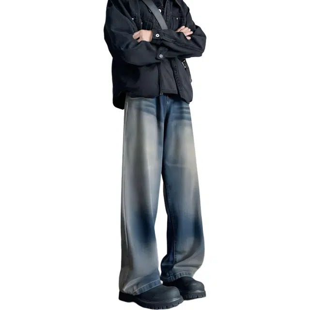 图兰朵 美式复古高街潮流痞帅基础款纯色简约猫须水洗做旧抓痕高级感中腰显高柔软舒适百搭亲肤透气染通勤微喇直筒牛仔裤 男女同款