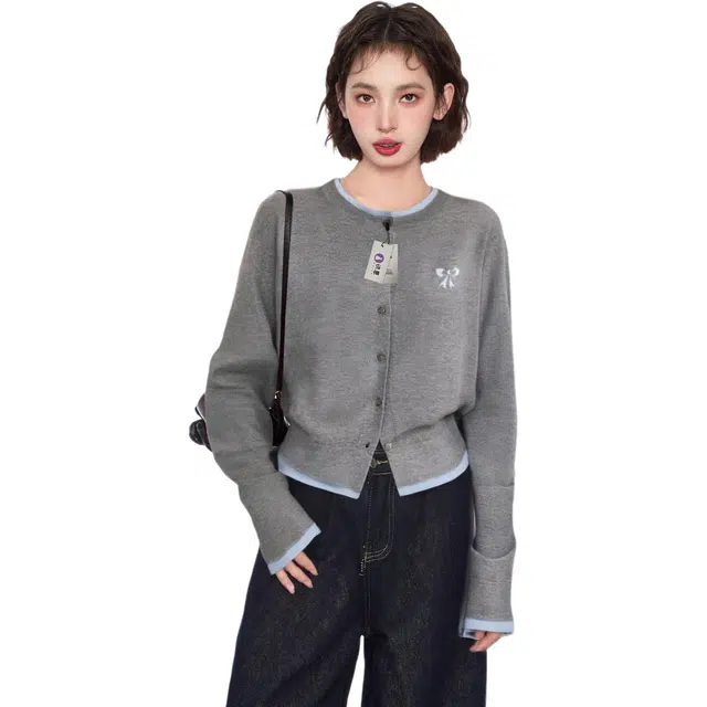 识恩 灰色假两件长袖外套女春秋季小个子内搭外穿短款针织开衫上衣灰色长袖春秋季常规通勤风卫衣 女款