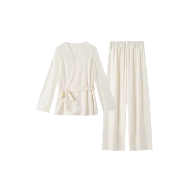 潞优野 高级感长袖休闲柔软舒适冰丝甜美蕾丝边轻奢家居服春秋季睡衣套装 女款