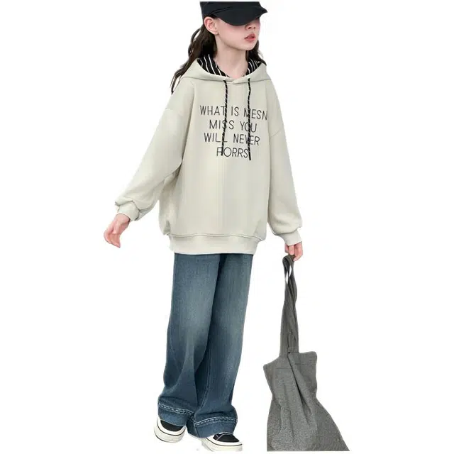 天才小熊休闲运动套装 女童春秋季连帽卫衣牛仔大童潮牌小孩衣服 小女孩短袖洋气时髦 舒适帅气轻便