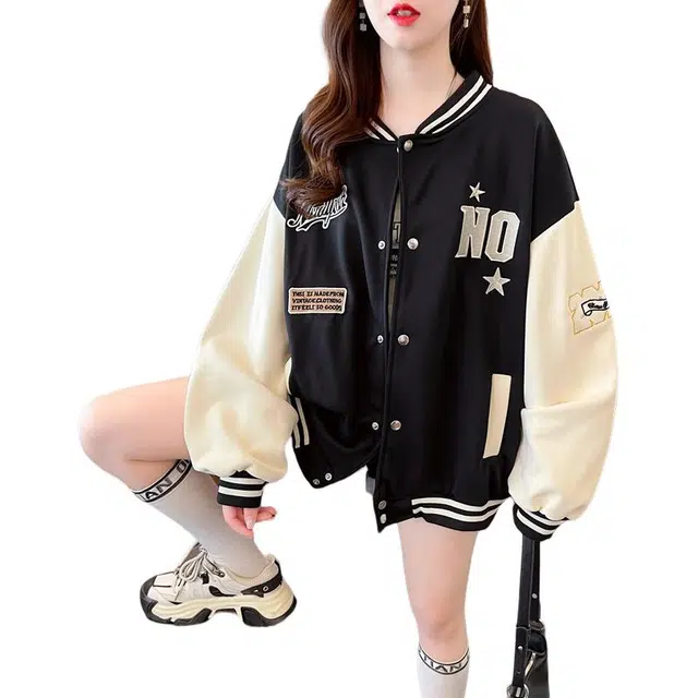 木清清 学院风棒球服外套女开学季秋冬款韩版宽松休闲百搭撞色上衣卫衣 女款