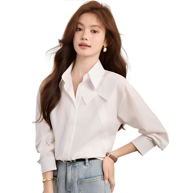 荟萃阁 法式百搭翻领长袖设计感休闲韩系上衣衬衫 女款