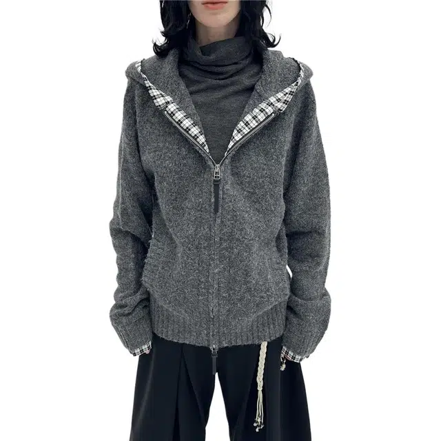 柏黛妃 连帽拉链外套女冬季宽松慵懒风小个子拼接假两件开衫上衣针织衫 女款