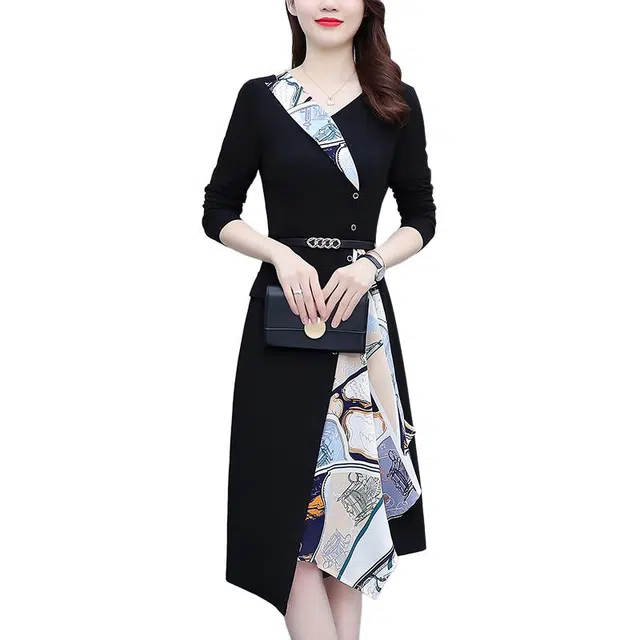 缪斯的诱惑 秋季气质优雅时尚显瘦碎花拼接中年妈妈裙长袖连衣裙 女款