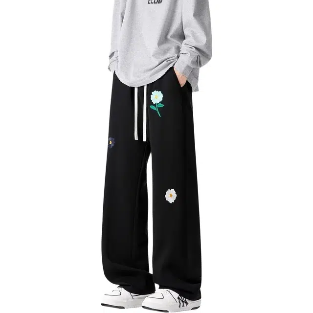 洞洞拐 花卉刺绣卫裤潮牌美式百搭日系无品牌潮流时尚气质休闲裤 男女同款