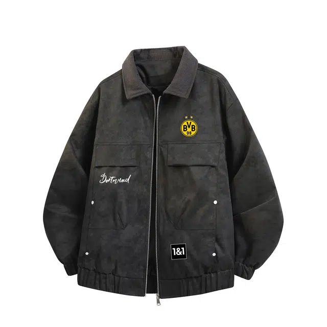 普鲁士多特蒙德 美式复古巴恩风拼接撞色灯芯绒翻领外套无性别主义做旧扎染队徽字母袋印花铆钉贴宽松痞帅工装短款休闲夹克 男女同款