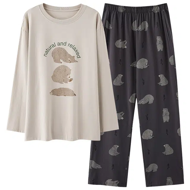 俏霓桐 春秋款简约卡通纯棉亲肤可爱休闲百搭舒适长袖长裤家居服可外穿睡衣套装 男款