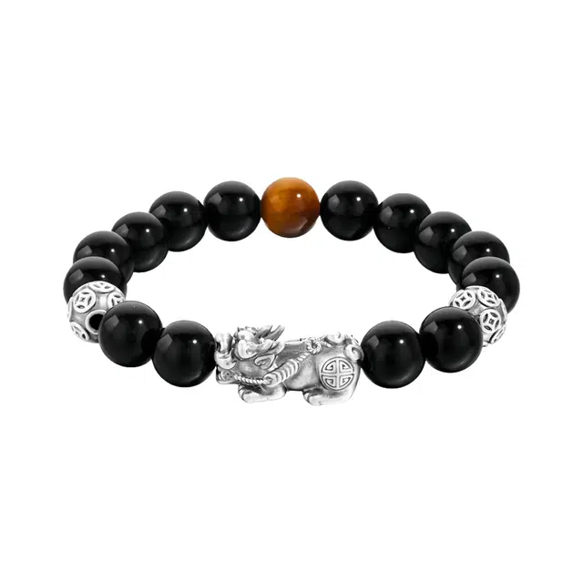 丰运阁 足银貔貅祝你发财 招财币珠最佳爱人顺风顺水顺财神新中式国潮吞金兽转运#好运生日约会男生酷炫 黑曜石 手串 男款