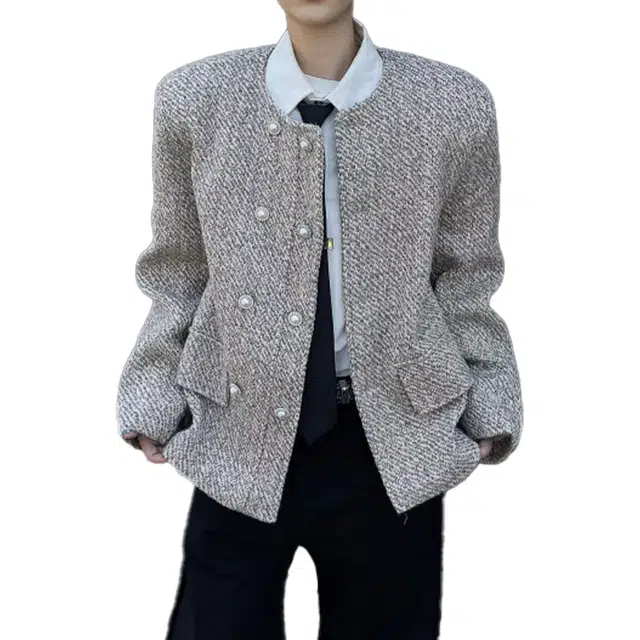 艾梵斯贝 美式复古潮流小香风开衫无领法式慵懒风小众设计感日常通勤百搭高级感宽松休闲简约时尚夹克 男女同款