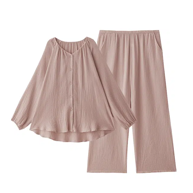 俏薇妮 春秋款纯棉纱布婴儿棉带胸垫一体长袖大码可外穿睡衣套装 女款