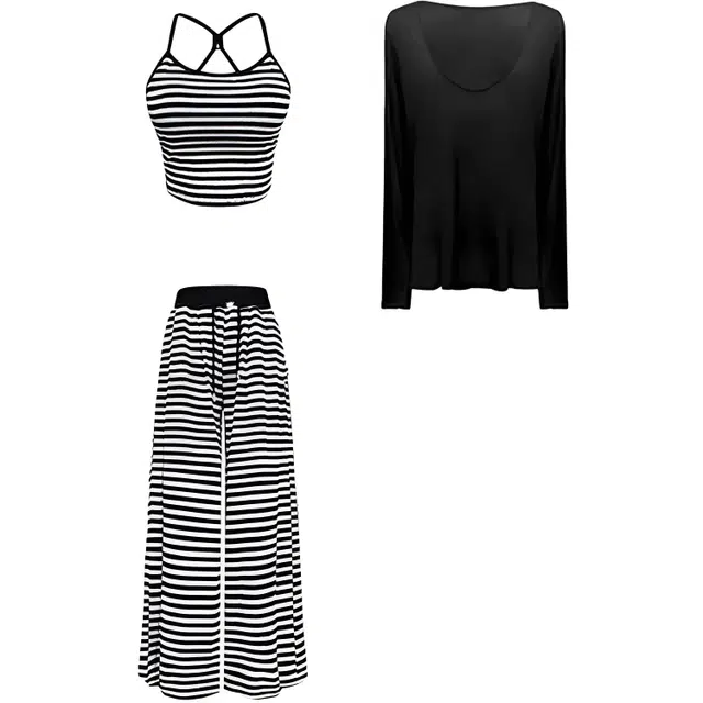 木清清 美式辣妹夏季时尚防晒罩衫+吊带背心+条纹裤三件套休闲套装 女款