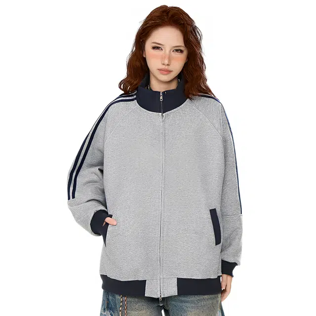 荟萃阁 复古开衫百搭秋季中长宽松立领上衣女装卫衣 女款