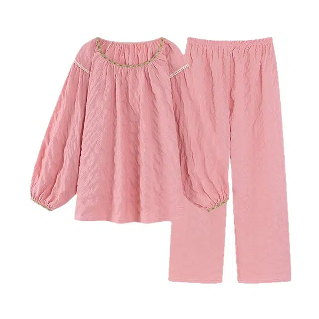 橡柠派 甜美女休闲灯笼袖舒适亲肤长袖慵懒风宽松气质简约学院风家居服睡衣套装 女款