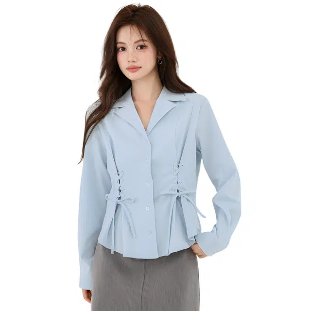 荟萃阁 百搭法式气质收腰系带长袖显瘦上衣衬衫 女款