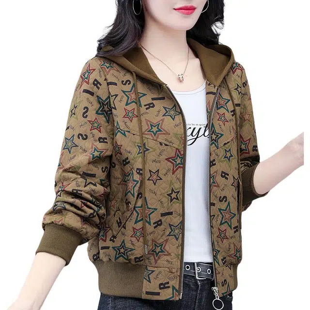 缪斯的诱惑  时尚潮流洋气减龄满印图形户外宽松工装软壳衣棒球外套简约舒适休闲百搭春秋大码女装连帽拉链夹克 女款