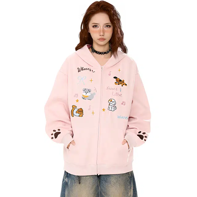 荟萃阁 美式复古可爱百搭刺绣连帽上衣卡通卫衣 女款
