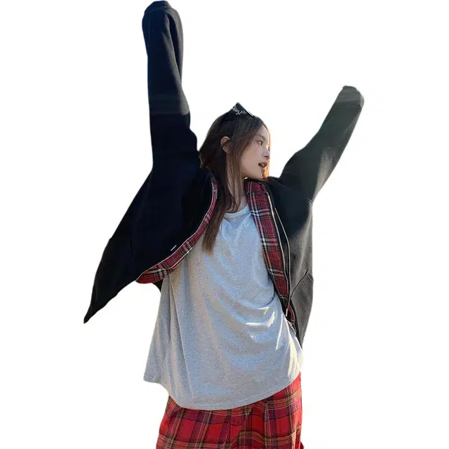 徐百货 美式复古撞色格子连帽上衣春秋冬加绒高级感宽松百搭拉链开衫外套卫衣 男女同款