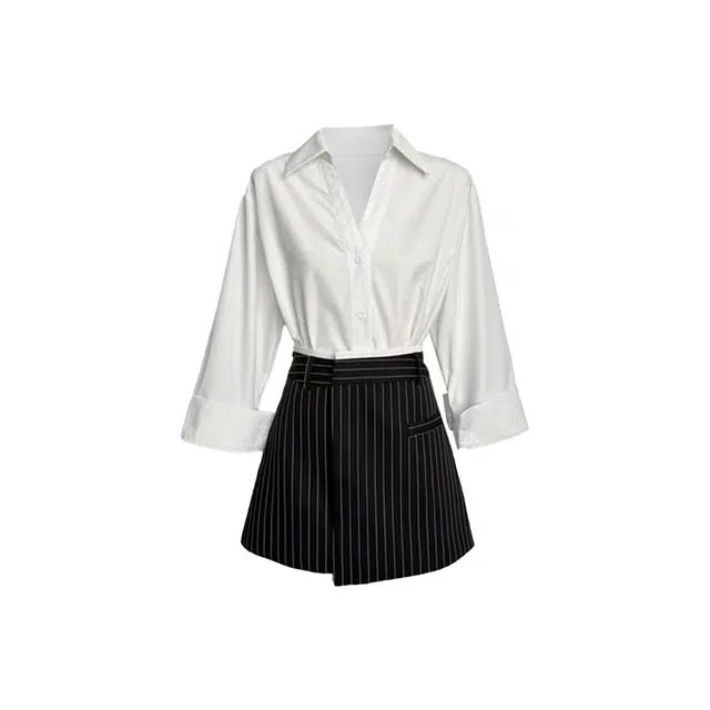 敲模女孩 法式纯欲风设计感蕾丝衬衫+条纹半身短裙两件套裙装套装 女款