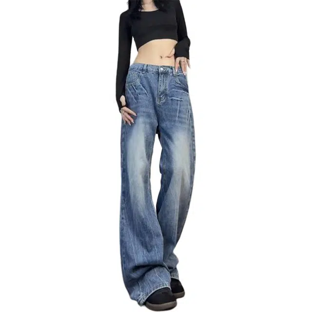 单爵 闪电纹微喇裤男痞帅炸街水洗直筒裤高腰显瘦牛仔裤 男女同款