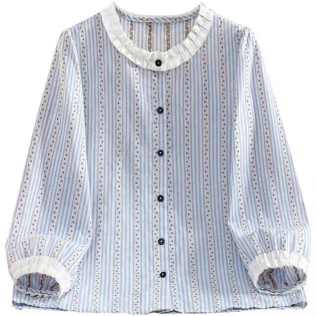 她池 甜美温柔风圆领单排扣撞色长袖衬衫 女款 条纹