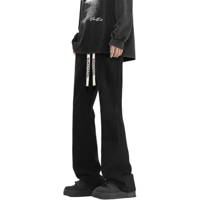 布客行 美式复古废土风修身水洗直筒基础款高街舒适亲肤透气微喇弯刀休闲百搭纯色裤子抽绳弹力长裤牛仔裤 男女同款