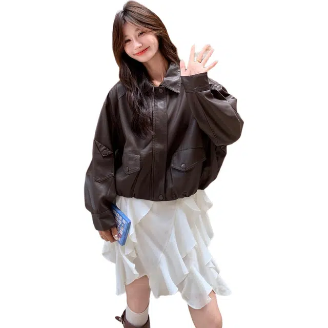 稻草人 时尚休闲甜酷机车范夹克皮衣外套 女款