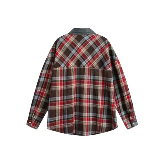 寻星记 美式复古高街潮流假两件拼接宽松长袖格纹衬衫 男款